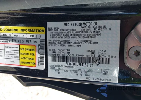 2020 Ford Fusion Se z USA, uszkodzony, nr VIN 3FA6P0HD2LR186194